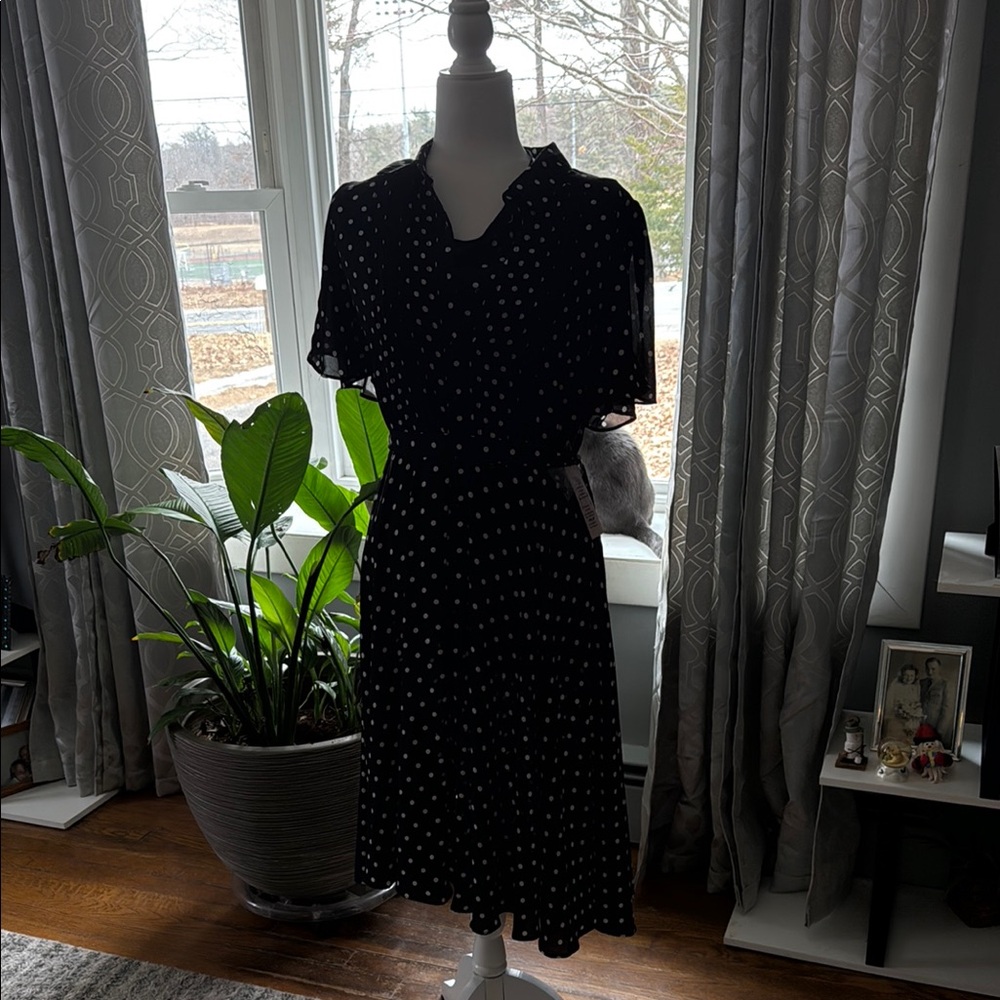 Black and white polka dotted flutter sleeve dress